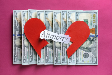 Word ALIMONY with broken heart and money on color background