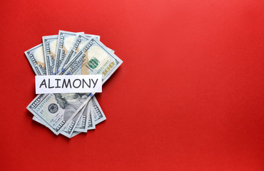 Word ALIMONY with money on color background