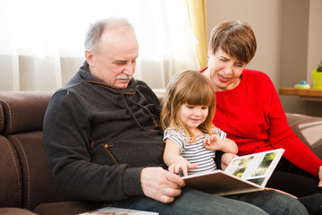 Grandmother and grandfather with child granddaughter  having a great time and looking old family...