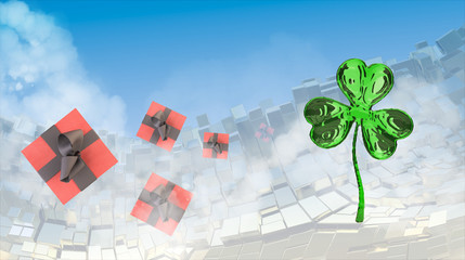 St. Patrick's Day 3d clover over abstract mountains landscape background of metal boxes and flying gift boxes. Decorative greeting postcard with copyspace for your text. 3d illustration