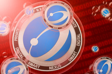 Nexus crash; Nexus (NXS) coins in a bubbles on the binary code background. Close-up. 