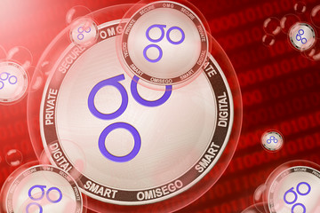 OmiseGO crash; OmiseGO (OMG) coins in a bubbles on the binary code background. Close-up.