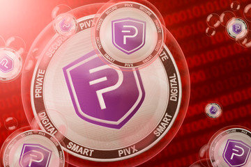 PIVX crash; PIVX coins in a bubbles on the binary code background. Close-up. 