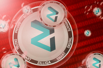 Zilliqa crash; Zilliqa (ZIL) coins in a bubbles on the binary code background. Close-up.