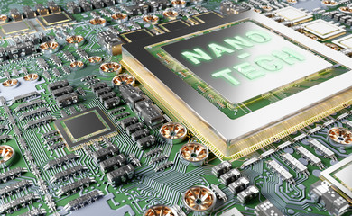 Close-up view on a nanotechnology electronic system 3D rendering