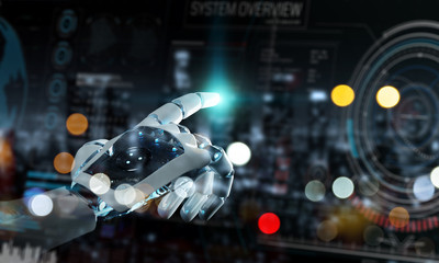 Fototapeta premium Intelligent robot machine using digital screens interface 3D rendering
