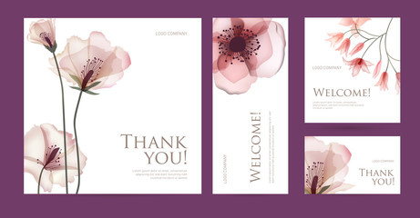 Zestaw pocztówek ze słowami wdzięczności. Zaprojektuj szablon wizytówek z abstrakcyjnymi wiosennymi kwiatami dla hotelu, salonu piękności, spa, restauracji, klubu. Ilustracji wektorowych - 249470194