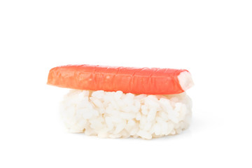 Crab sticks with rice isolated on white background.