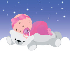 The baby girl sleeps on a toy bear.