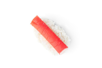 Crab sticks with rice isolated on white background.
