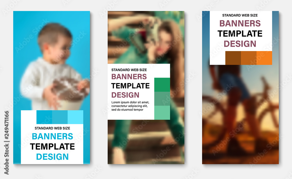 Poster Set of vertical web banners with place for photo and squares for the header.