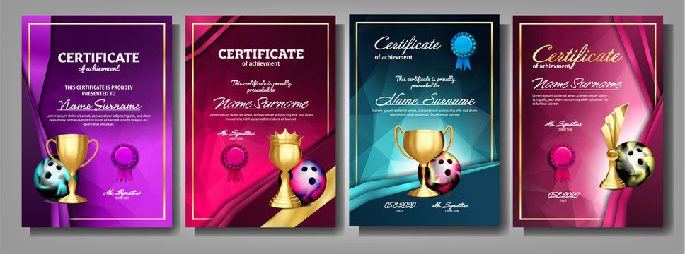 Bowling Game Certificate Diploma With Golden Cup Set Vector. Sport Award Template. Achievement Design. Honor Background. A4 Vertical. Champion. Best Prize. Winner Trophy. Template Illustration