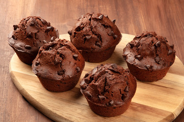 Chocolate muffins on a dark rustic wooden background with a place for text