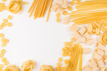 An overhead photo of different types of pasta, including spaghetti, penne, fusilli, and others, flay lay on a white background with a place for text