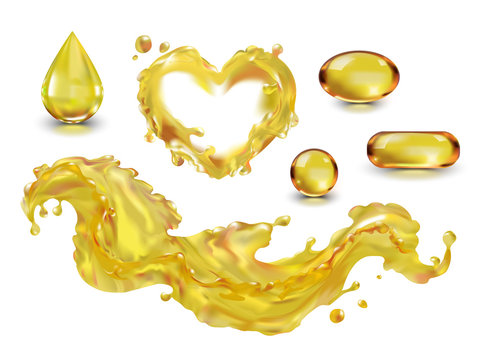 Oil Splash Drop Capsule Isolated On White Background With Transparency. The Wave Of The Oil Liquid Heart Yellow. Vegetable, Olive, Machine. Food, Cosmetology, Medicine, Industry. Fish Oil, Vitamin A