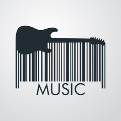 Icono plano código de barras con texto MUSIC con guitarra eléctrica en fondo gris