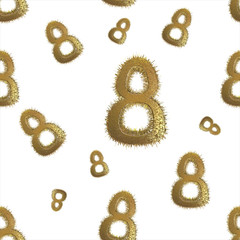 golden 8 numbers made by city blocks isolated on bright background. Happy womans day seamless design pattern. 3d illustration
