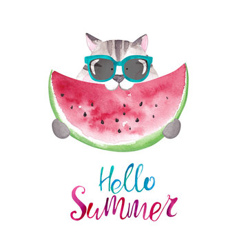 Cute watercolor cat in sunglasses eating watermelon. Hello summer card