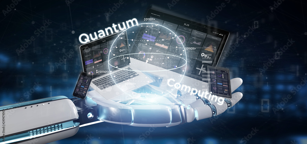 Poster cyborg hand holding quantum computing concept with qubit and devices 3d rendering