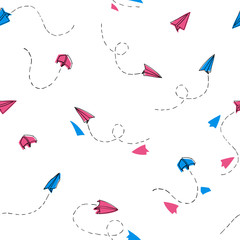 Seamless hand drawn paper planes pattern. White background