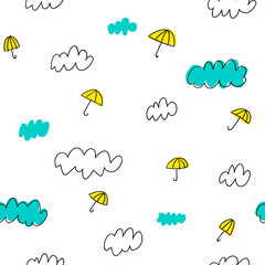 Obraz premium Hand drawn clouds and umbrellas seamless pattern. Purple background. Perfect for background, fabrics, clothing, websites.