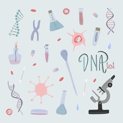 Hand drawn vector objects set. Nano technology and human dna research