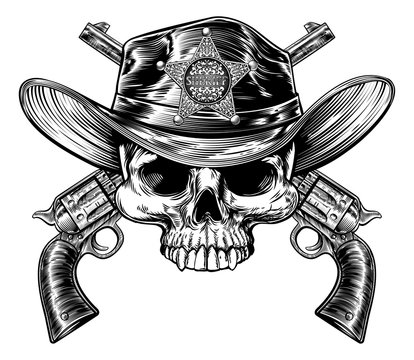 Skull cowboy Jolly Rojer wearing hat with a pair of crossed pistols drawn in a vintage retro woodblock engraved style