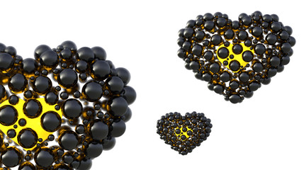 black hearts made of spheres with reflections isolated on white background. day 3d illustration