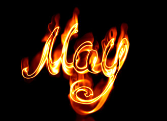 Fire burn May lettering word isolated on black background
