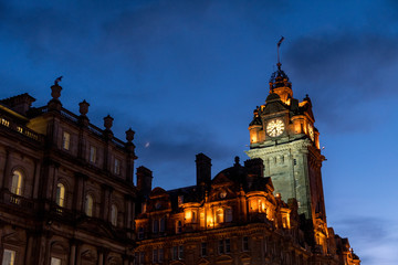 Fototapeta na wymiar The Balmoral at blue hour in Edinburgh
