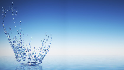 Drop water splash with reflection on blue background / 3d render