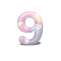 Realistic shiny number 9 (nine) for celebration design, bright holographic design, winter collection and modern technology font, 3d rendering