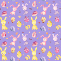 Cute baby easter rabbit seamless pattern, illustration for children clothing. Watercolor Hand drawn