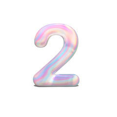 Realistic shiny number 2 (two) for celebration design, bright holographic design, winter collection and modern technology font, 3d rendering