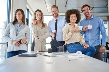 Fototapeta premium Cheerful group of business people posing in office. Multicultural group. Start up business concept.
