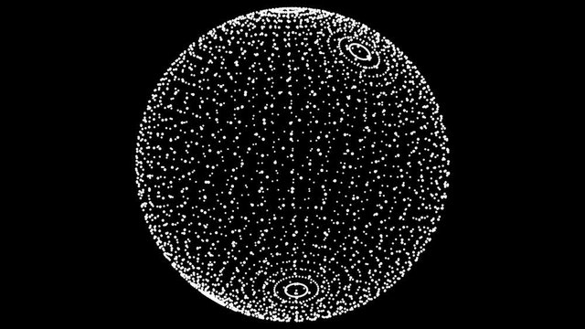 Plexus style loop rotate sphere animation cycle. White dots on the black background