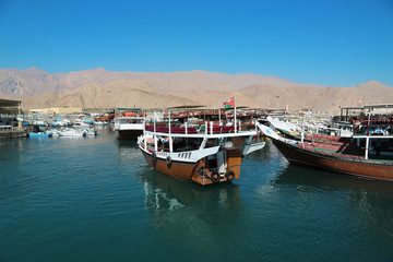 Fototapeta na wymiar Boats in Dibba Al-Baya harbour, Sultanate of Oman