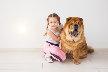 people, animals and children concept - girl with ginger dog of chow-chow on white background