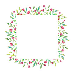 Square frame with red flowers and berries and small green leaves for your invitation or card