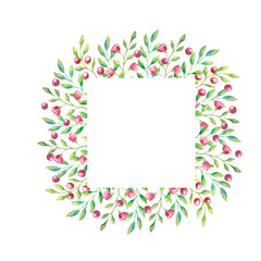 Square white frame with small red flowers and berries and small green leaves for your invitation or card