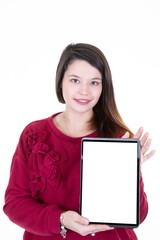 Happy pretty woman showing a blank digital tablet computer pad screen