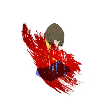 Red paint design illustration. Sitting girl crying. Colored outlined flat vector image, white background.