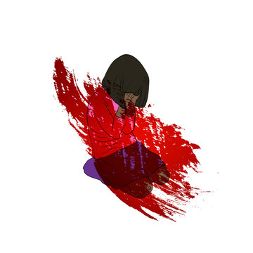 Red paint design illustration. Sitting dark skinned black girl crying. Colored outlined flat vector image, white background.