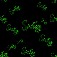 Spring green lettering word made of smoke isolated on black background. Seamless design pattern