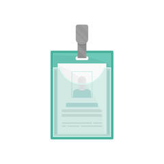 Vertical holder with person identification card. Turquoise plastic badge with metal clip. Flat vector design