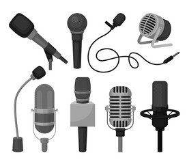 Flat vector set of different microphones. Professional sound recording equipment. Dynamic and condenser mics