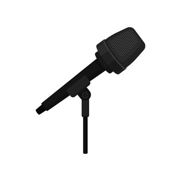 Flat vector icon of black condenser microphone on stand. Equipment for radio or record studio