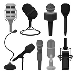 Flat vector set of microphones. Professional dynamic and condenser mics. Equipment for recording voice