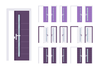 Doors modern set with glass, entrance to building, room. Contemporary house front entry. Home, office design concept. Vector flat style cartoon illustration isolated, white background, different views