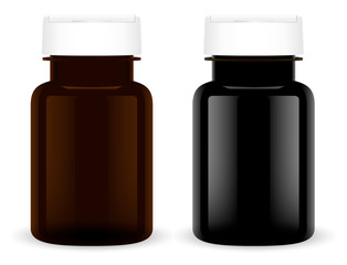 Supplement Pill Bottle. Black Plastic Medical Set. Pharmaceutical Capsule 3d Jar Mockup Template. Round Pharmacy Tablet Container Pack with White Cap. Vitamine or Placebo Box.